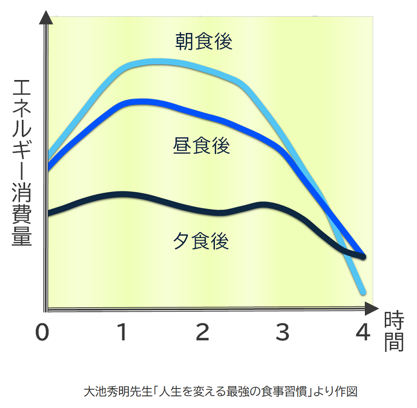 朝食後、昼食後、夕食後におけるエネルギー消費量の折れ線グラフ