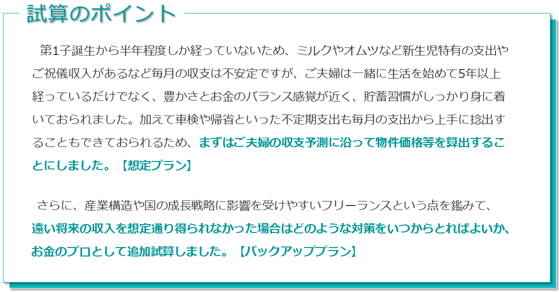 試算のポイント 第一子誕生から半年程度しか経っていないため、ミルクやオムツなど新生児特有の支出やご祝儀収入があるなど毎月の収支は不安定ですが、ご夫婦は一緒に生活を始めて5年以上経っているだけでなく、豊かさとお金のバランス感覚が近く、貯蓄週刊がしっかり身についておられました。加えて車検や帰省といった不定期支出も毎月の支出から上手に捻出することもできておられるため、まずは夫婦の支出予測に沿って物件価格等を算出することにしました。【想定プラン】 さらに、産業構造や国の成長戦略に影響を受けやすいフリーランスという点を鑑みて、遠い将来の収入を想定通り得られなかった場合はどのような対策をいつからとてばよいか、お金のプロとして追加試算しました。【バックアッププラン】