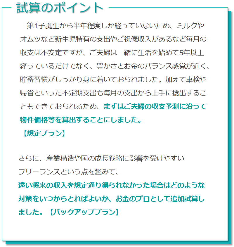 試算のポイント 第一子誕生から半年程度しか経っていないため、ミルクやオムツなど新生児特有の支出やご祝儀収入があるなど毎月の収支は不安定ですが、ご夫婦は一緒に生活を始めて5年以上経っているだけでなく、豊かさとお金のバランス感覚が近く、貯蓄週刊がしっかり身についておられました。加えて車検や帰省といった不定期支出も毎月の支出から上手に捻出することもできておられるため、まずは夫婦の支出予測に沿って物件価格等を算出することにしました。【想定プラン】 さらに、産業構造や国の成長戦略に影響を受けやすいフリーランスという点を鑑みて、遠い将来の収入を想定通り得られなかった場合はどのような対策をいつからとてばよいか、お金のプロとして追加試算しました。【バックアッププラン】