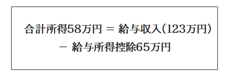 合計所得58万円＝給与収入（123万円）ー給与所得控除65万円