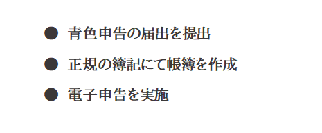 青色申告の届出を提出・正規の簿記にて帳簿を作成・電子申告を実施